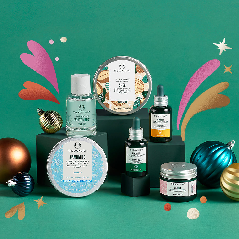 Bestsellers group shot on green background - The Body Shop