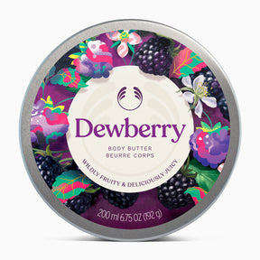 Dewberry body butter container with colorful label on a white background