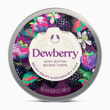 Dewberry body butter container with colorful berry design on a white background