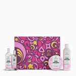 Set of Cherry Blossom-themed products including bottles and a box on a white background