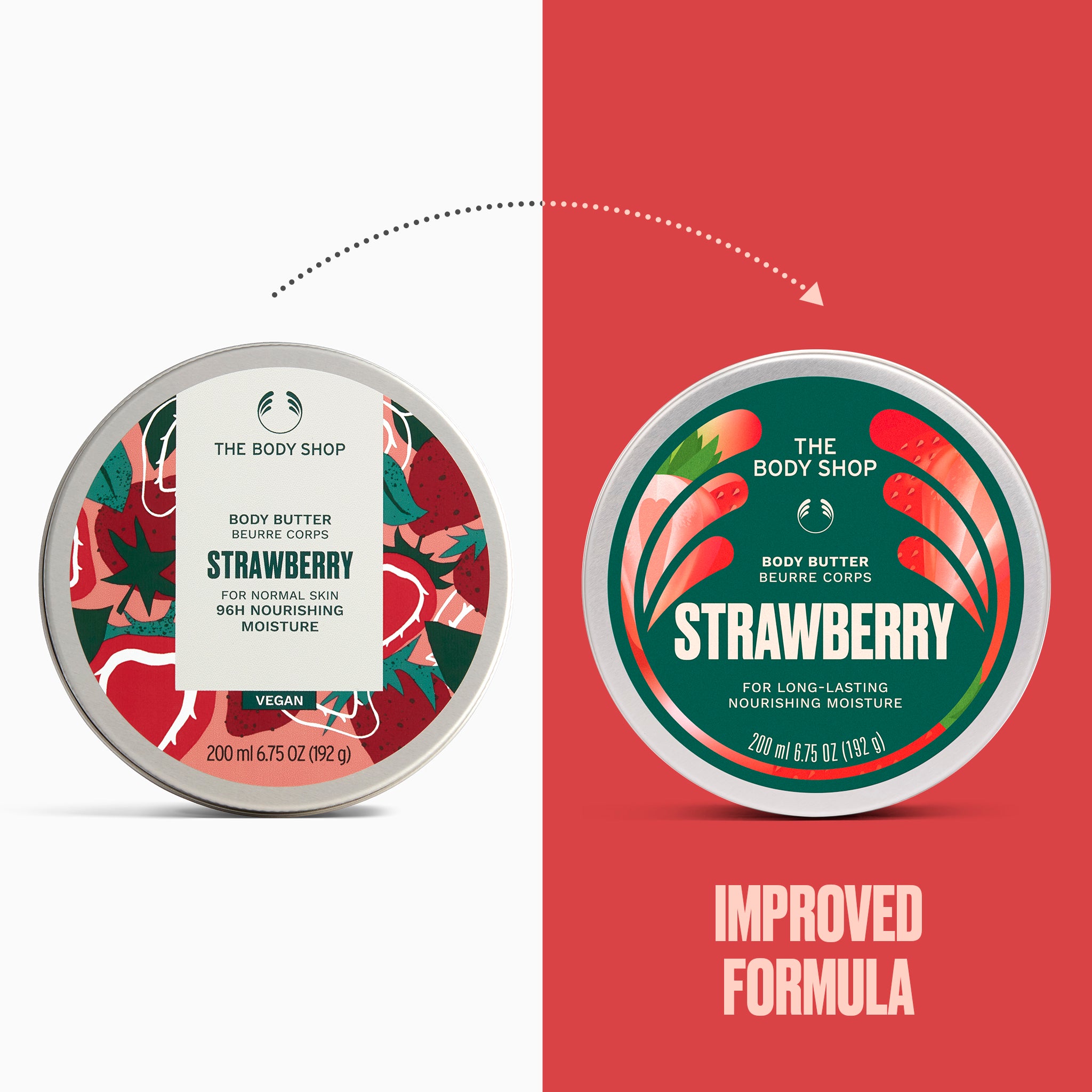 Strawberry body butter displayed alongside its redesigned packaging, labelled as an improved formula | The Body Shop