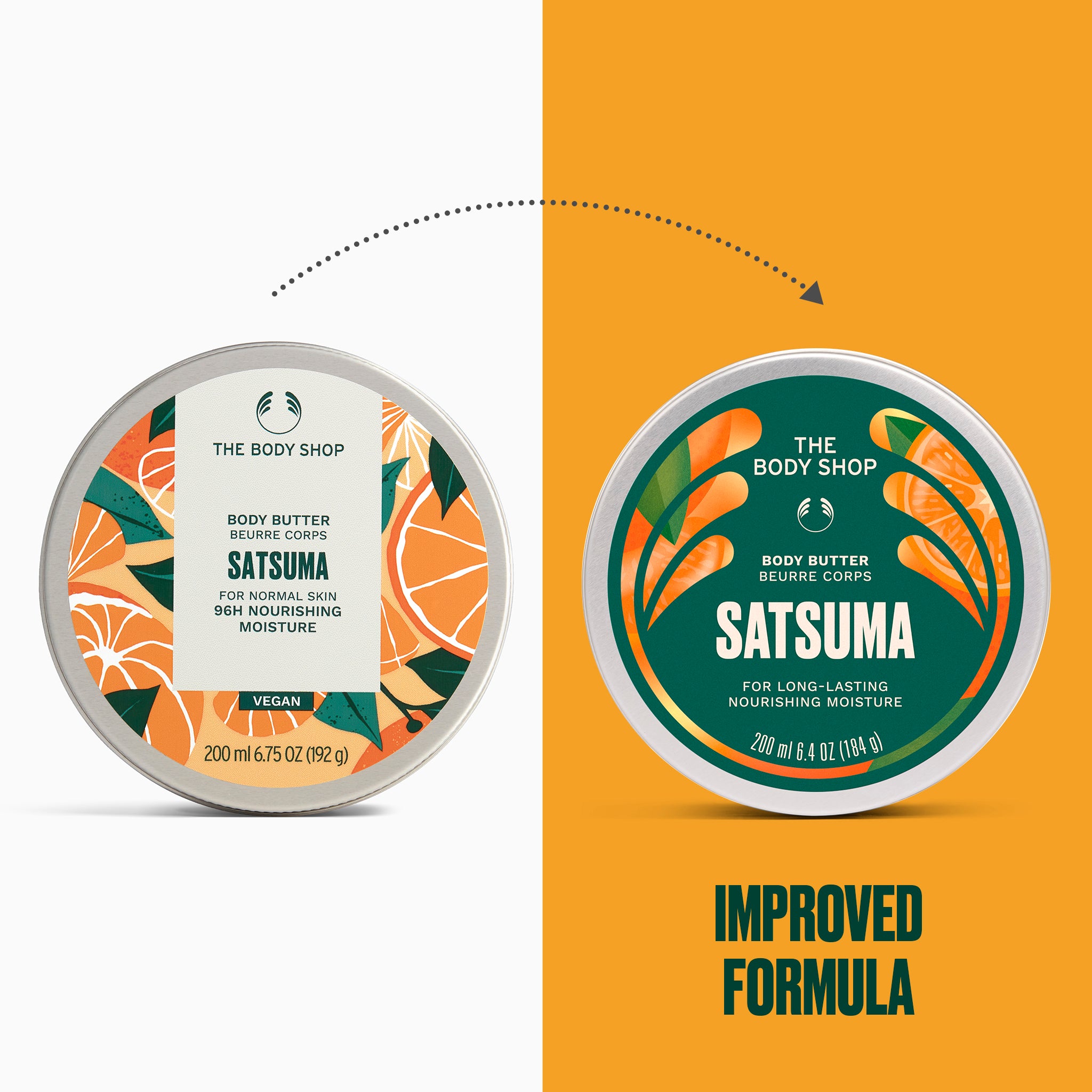 Satsuma body butter displayed alongside its redesigned packaging, labelled as an improved formula | The Body Shop
