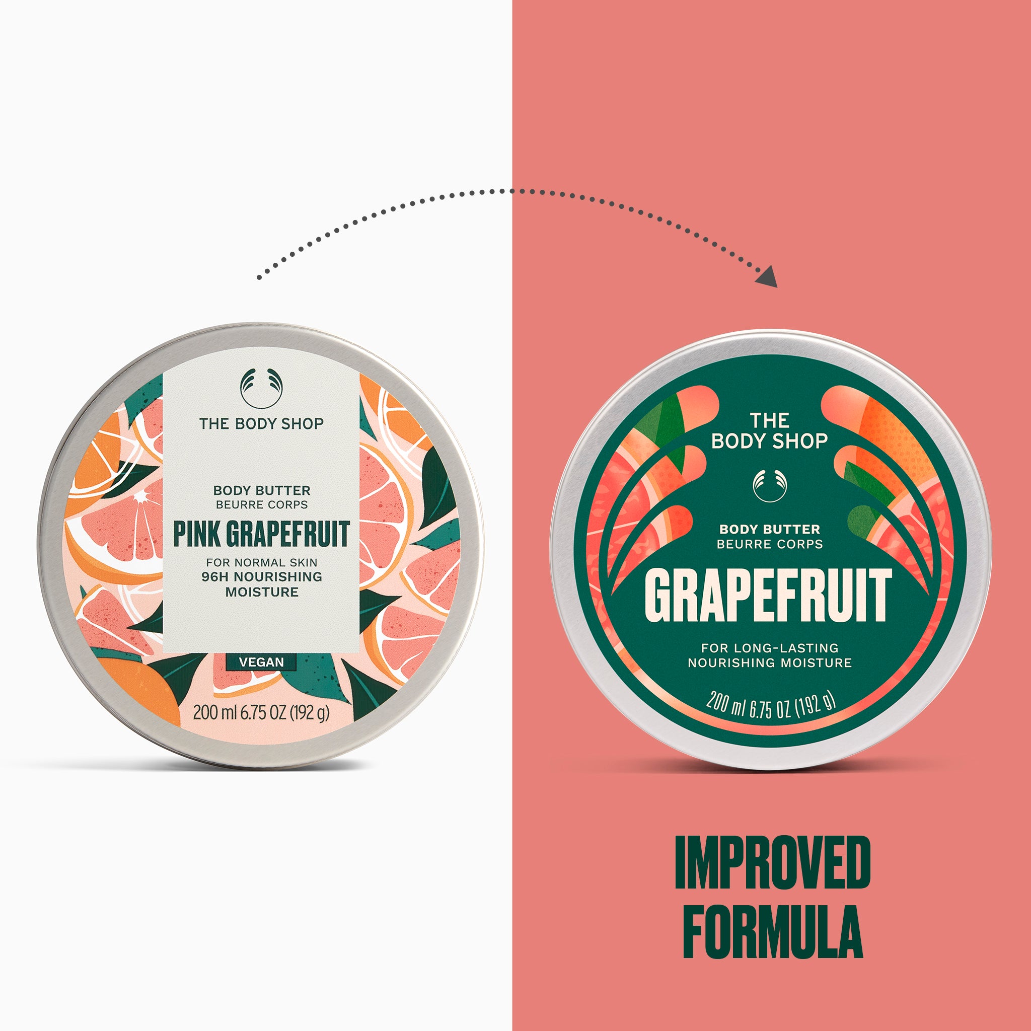 Grapefruit body butter displayed alongside its redesigned packaging, labelled as an improved formula | The Body Shop