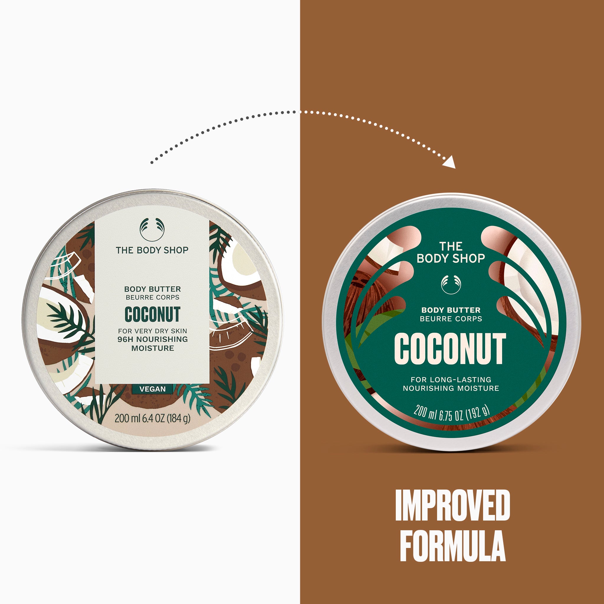 Coconut body butter displayed alongside its redesigned packaging, labelled as an improved formula | The Body Shop