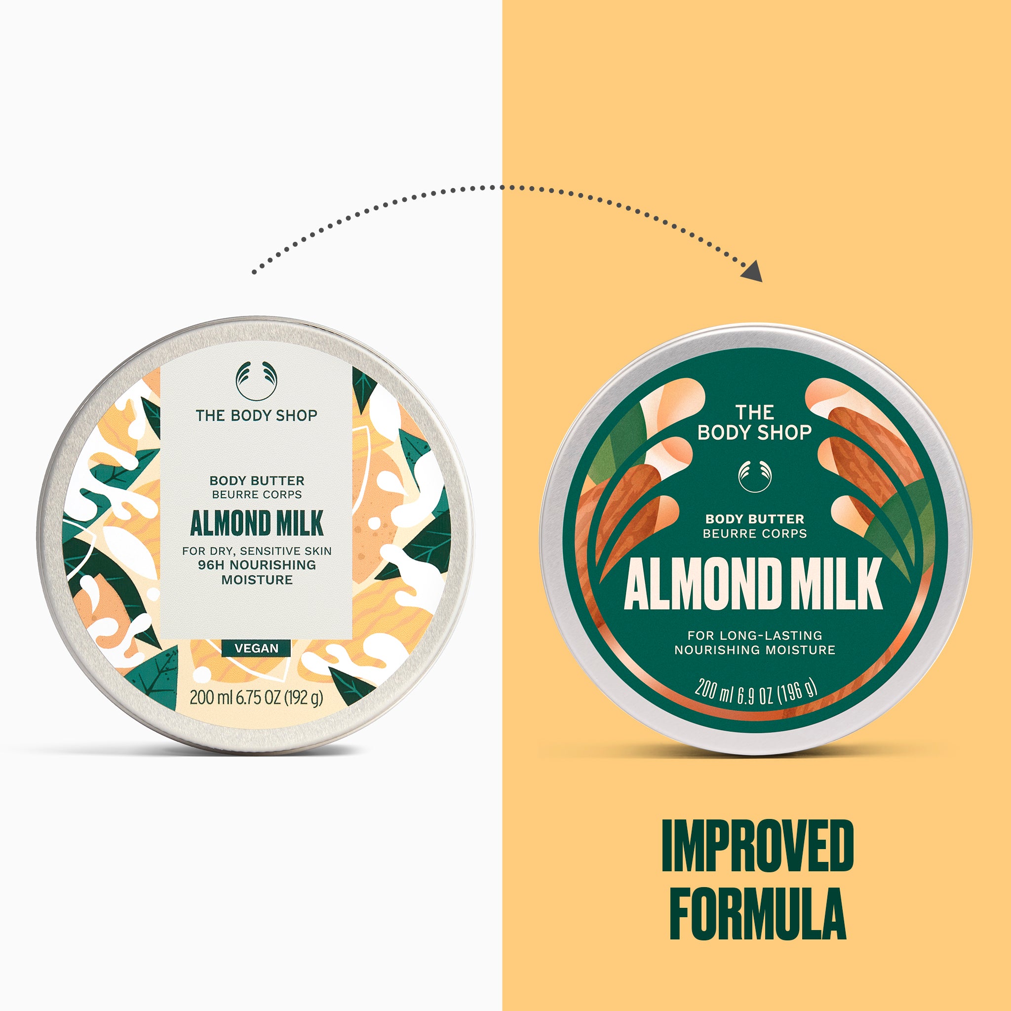 Almond milk body butter displayed alongside its redesigned packaging, labelled as an improved formula | The Body Shop