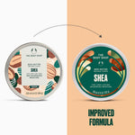 Shea body butter displayed alongside its redesigned packaging, labelled as an improved formula | The Body Shop