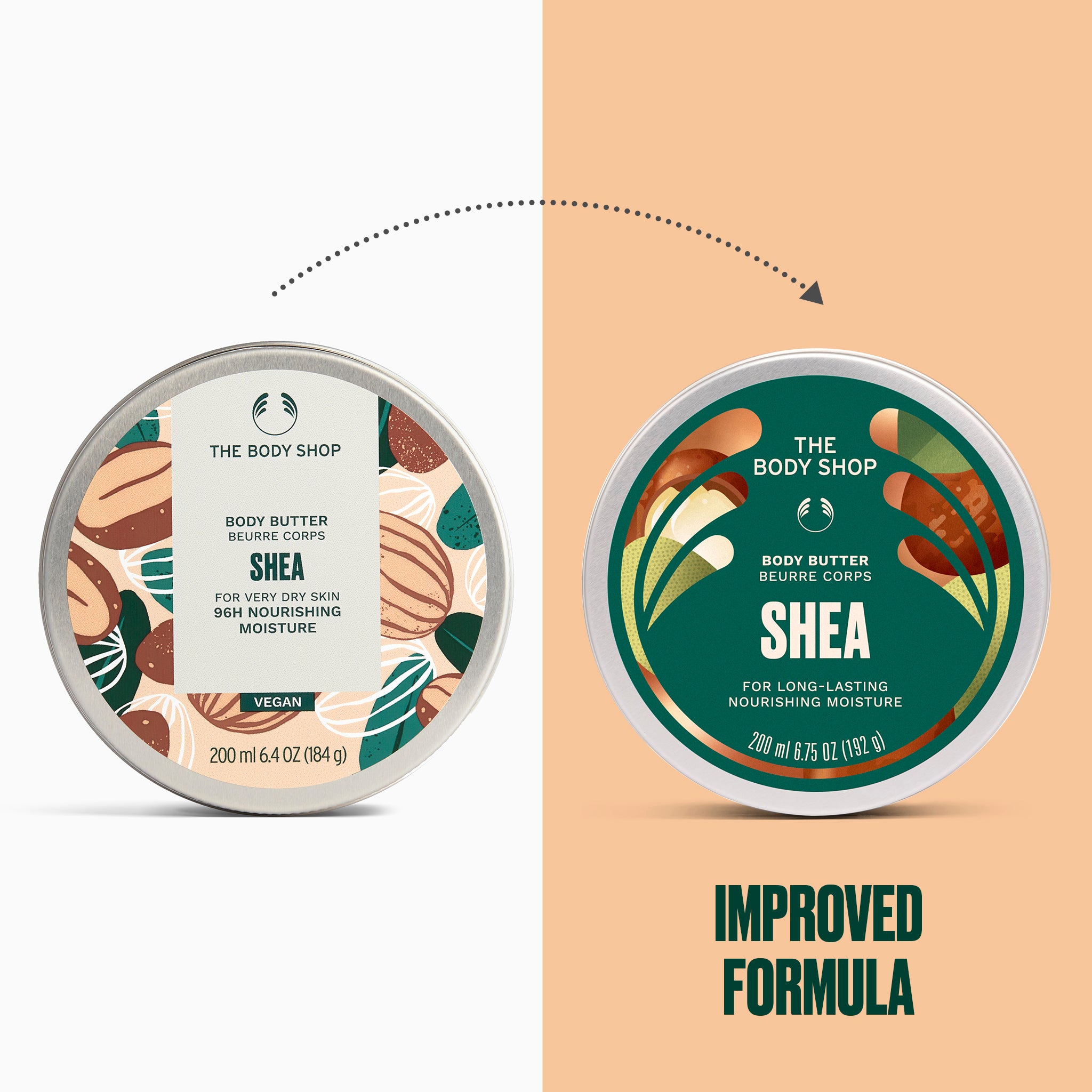 Shea body butter displayed alongside its redesigned packaging, labelled as an improved formula | The Body Shop