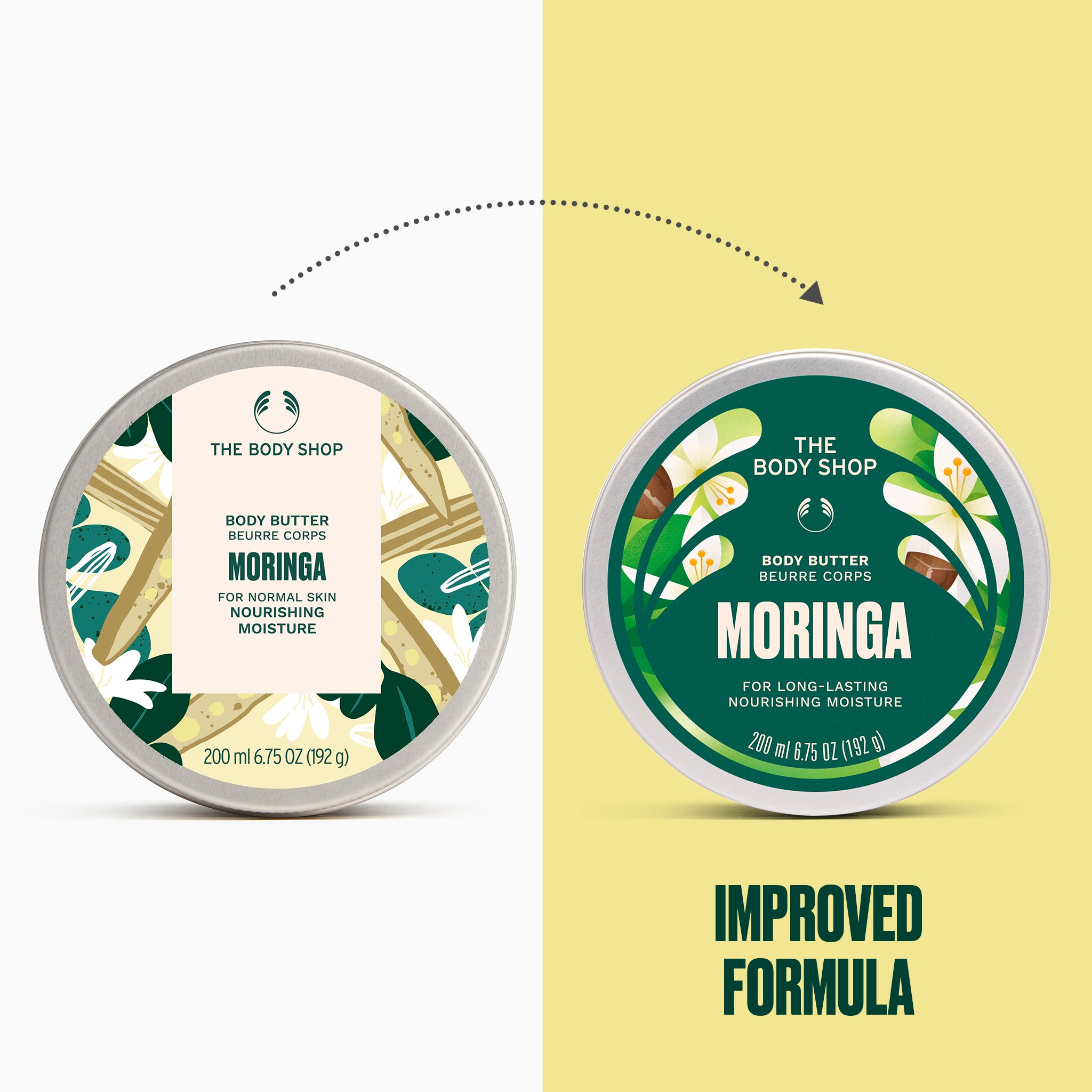 Moringa Body Butter displayed alongside its redesigned packaging, labelled as an improved formula | The Body Shop