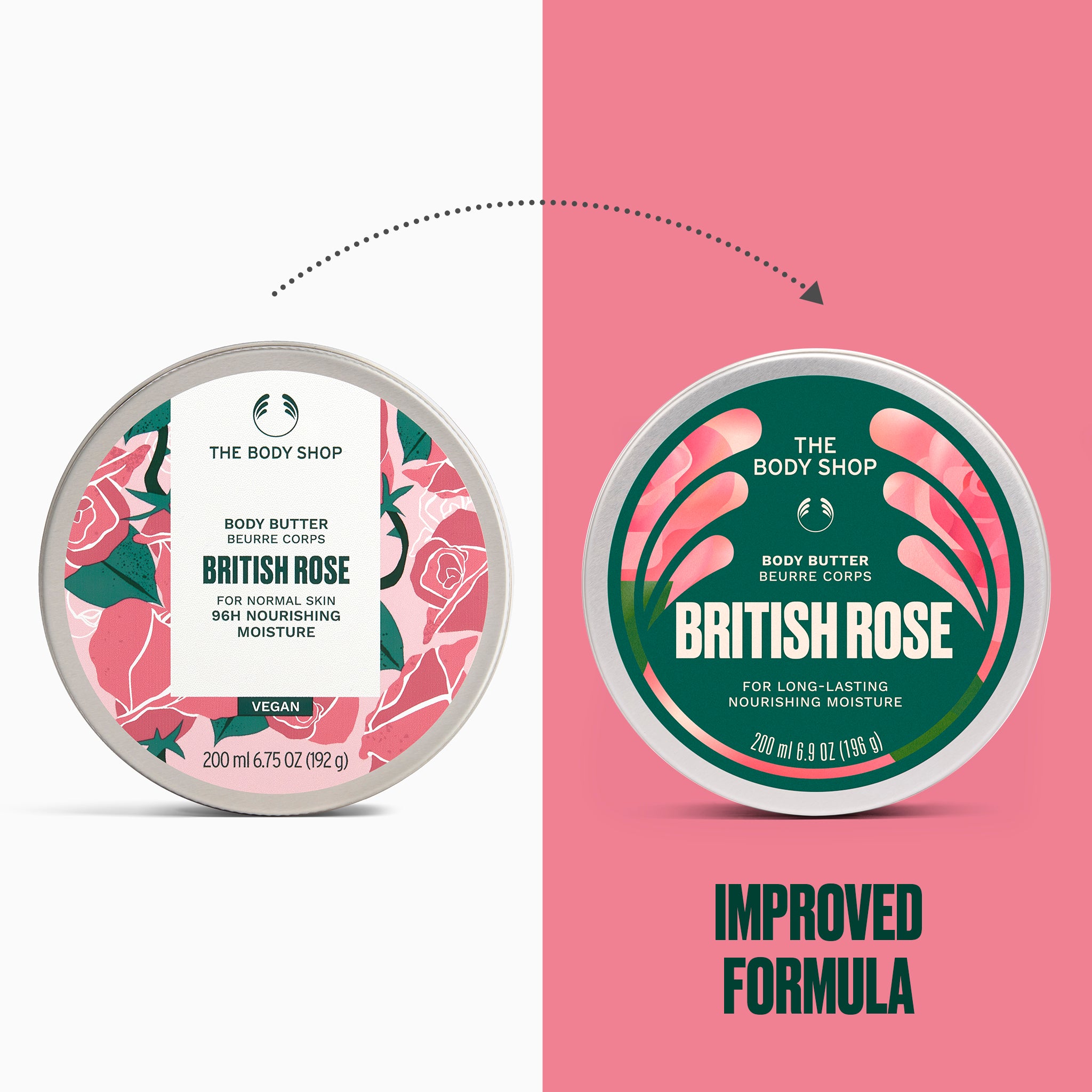 British Rose body butter displayed alongside its redesigned packaging, labelled as an improved formula | The Body Shop