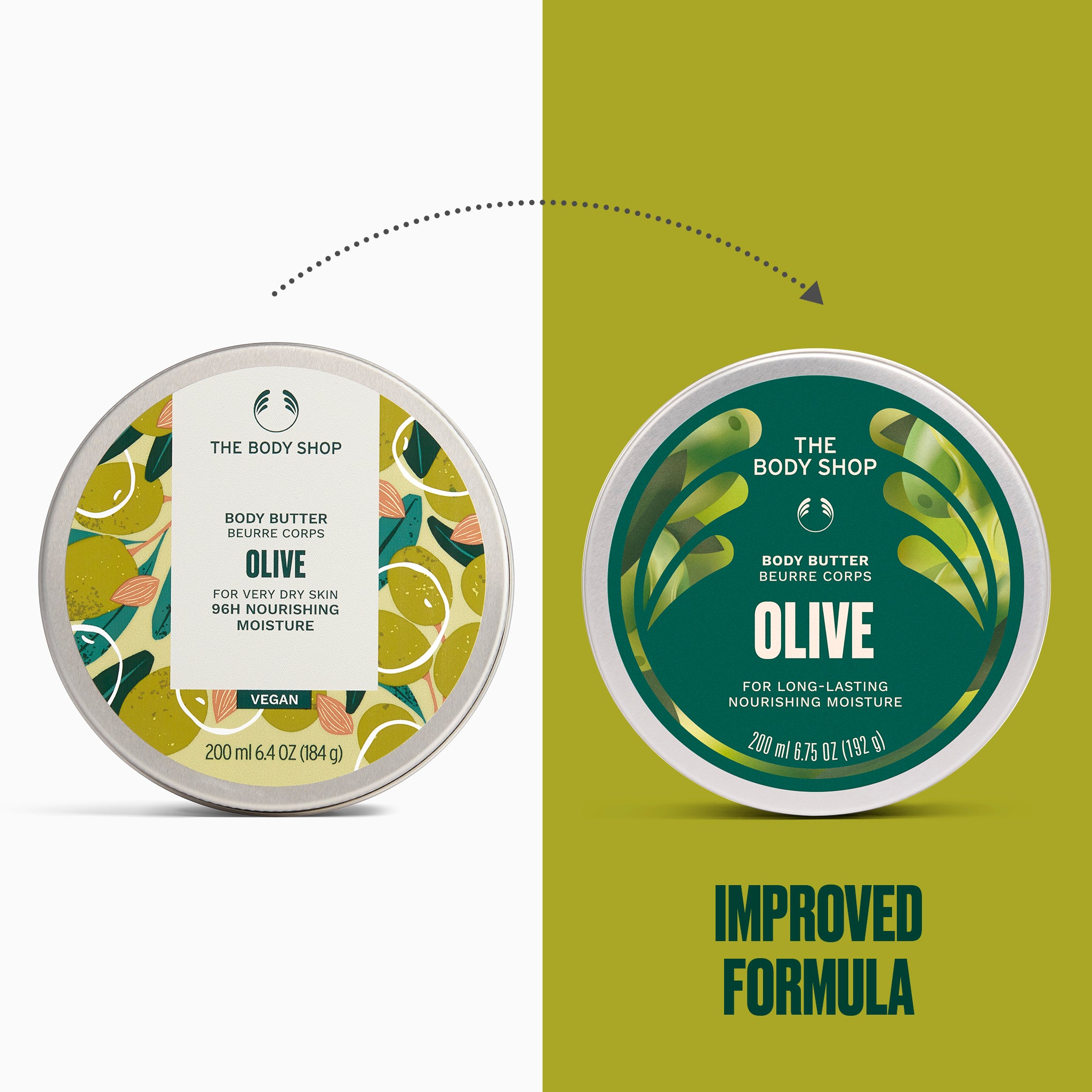 Olive body butter displayed alongside its redesigned packaging, labelled as an improved formula | The Body Shop