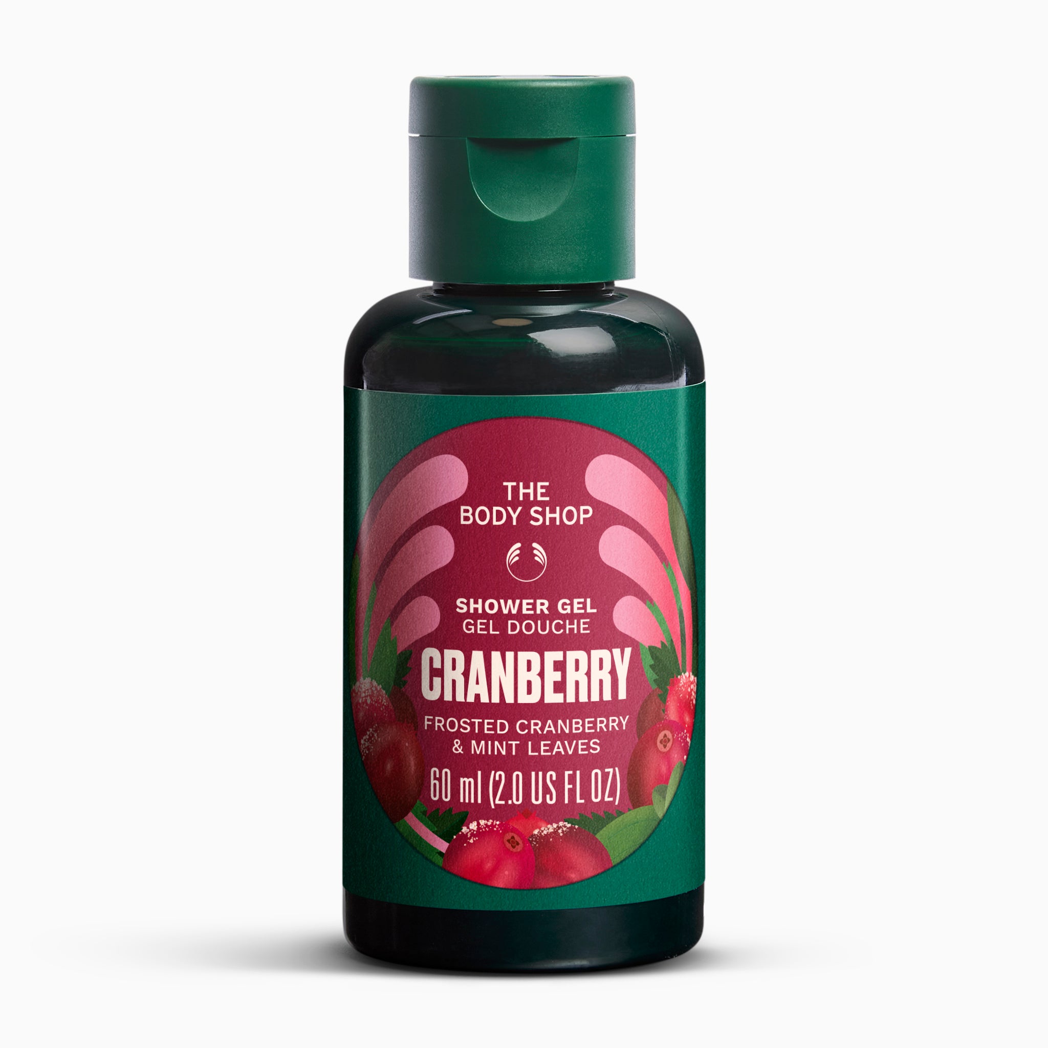 A bottle of The Body Shop Cranberry Shower Gel, 60 ml, featuring a dark green bottle and cap with a label depicting red cranberries on a white background.