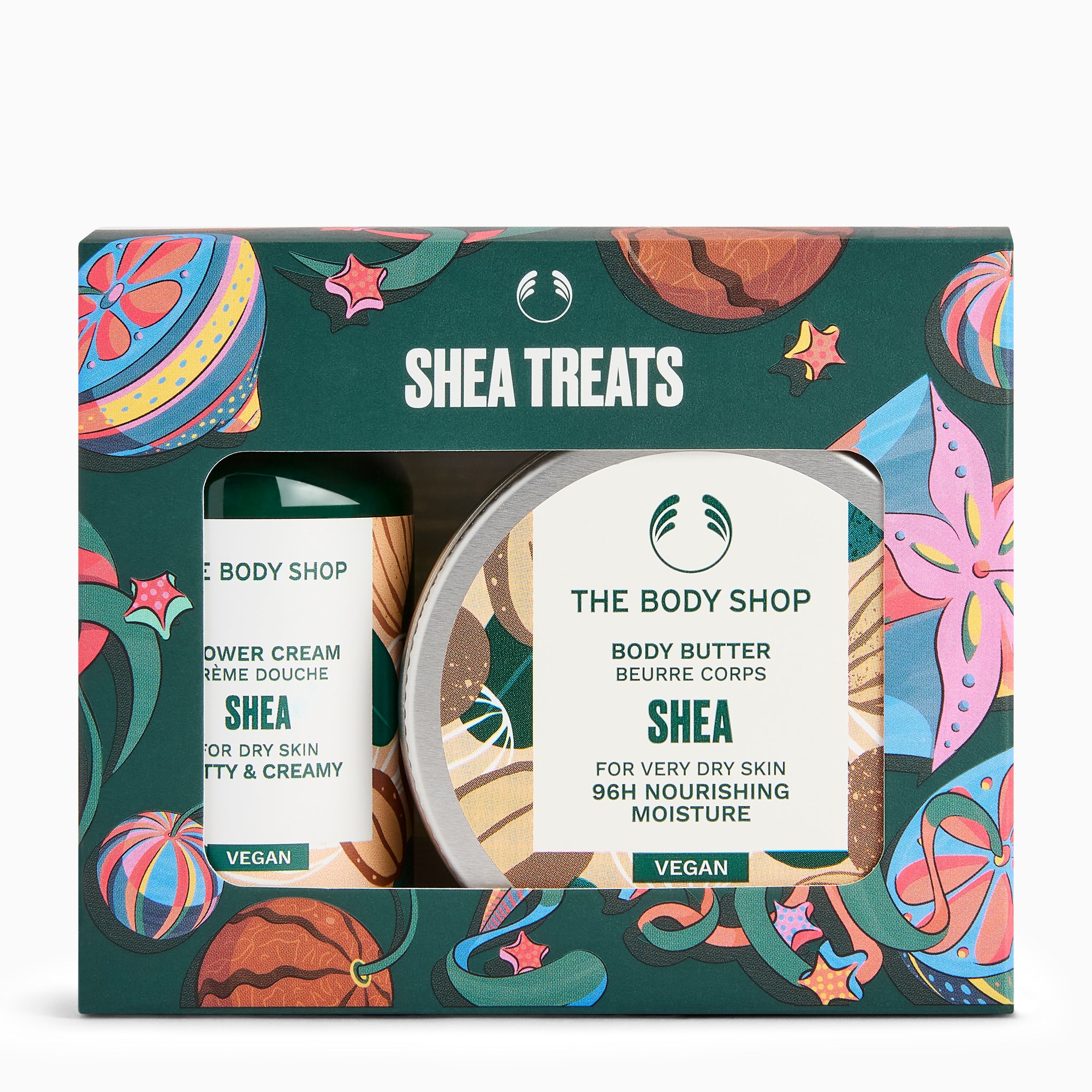 The Body Shop Shea product set with shower cream and body butter in a decorative christmas box.