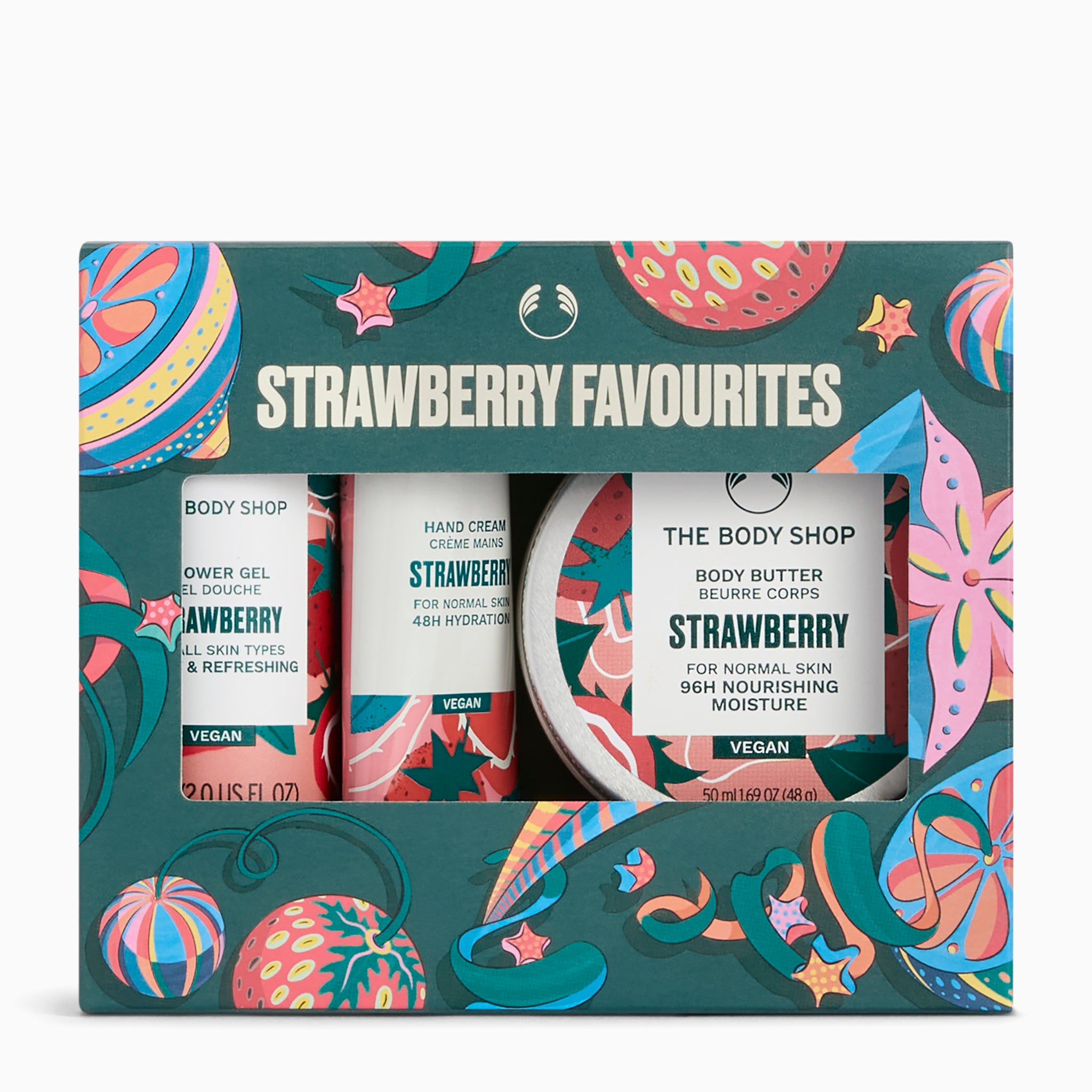 The Body Shop Strawberry Favourites gift set, featuring three products (body gel, hand cream, and body butter) in a decorative teal box with strawberry and citrus illustrations.