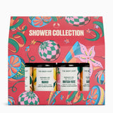 The Body Shop Shower Collection gift set in a bright pink patterned box, containing three small shower gel bottles labeled Mango, British Rose, and Satin.