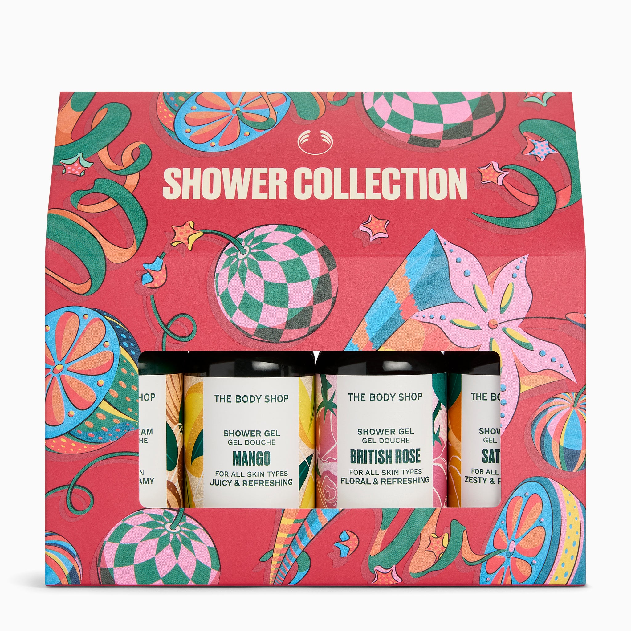 The Body Shop Shower Collection gift set in a bright pink patterned box, containing three small shower gel bottles labeled Mango, British Rose, and Satin.