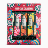 A boxed hand care gift set from Body Shop featuring four tubes of hand cream and hand lotion in a decorative red package with colorful fruit and abstract illustrations and the text 'HAND CARE COLLECTION'.