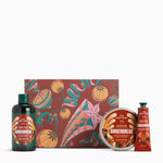 The Body Shop Gingerbread gift set featuring a dark amber bottle, a round tin, a tube, and a decorative gift box with a gingerbread-themed pattern, set against a plain white background.