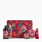 Collection of The Body Shop Cranberry products with a Christmas patterned box on a white background.