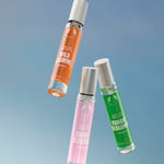 X3 9.5ML Eau De Toilettes thrown up across a blue background - The Body Shop