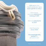 Cleansing butter with a container on a blue background, featuring text about product benefits.