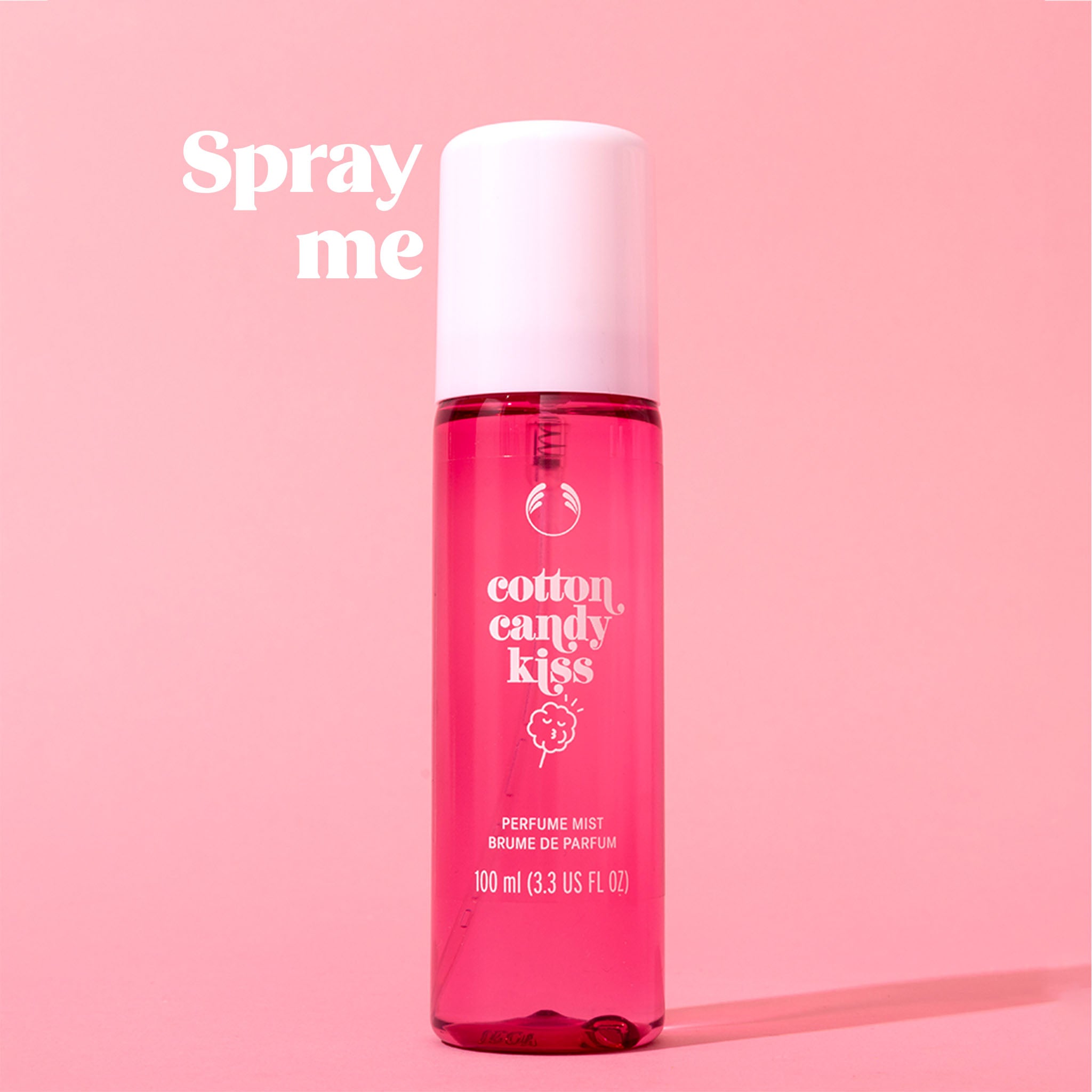 Cotton Candy Kiss fragrance mist - The Body Shop. Overlay text 'Spray me'.