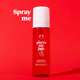 You're My Jam Fragrance Mist - The Body Shop. Bottle against a red background. Overlay text 'Spray me'.