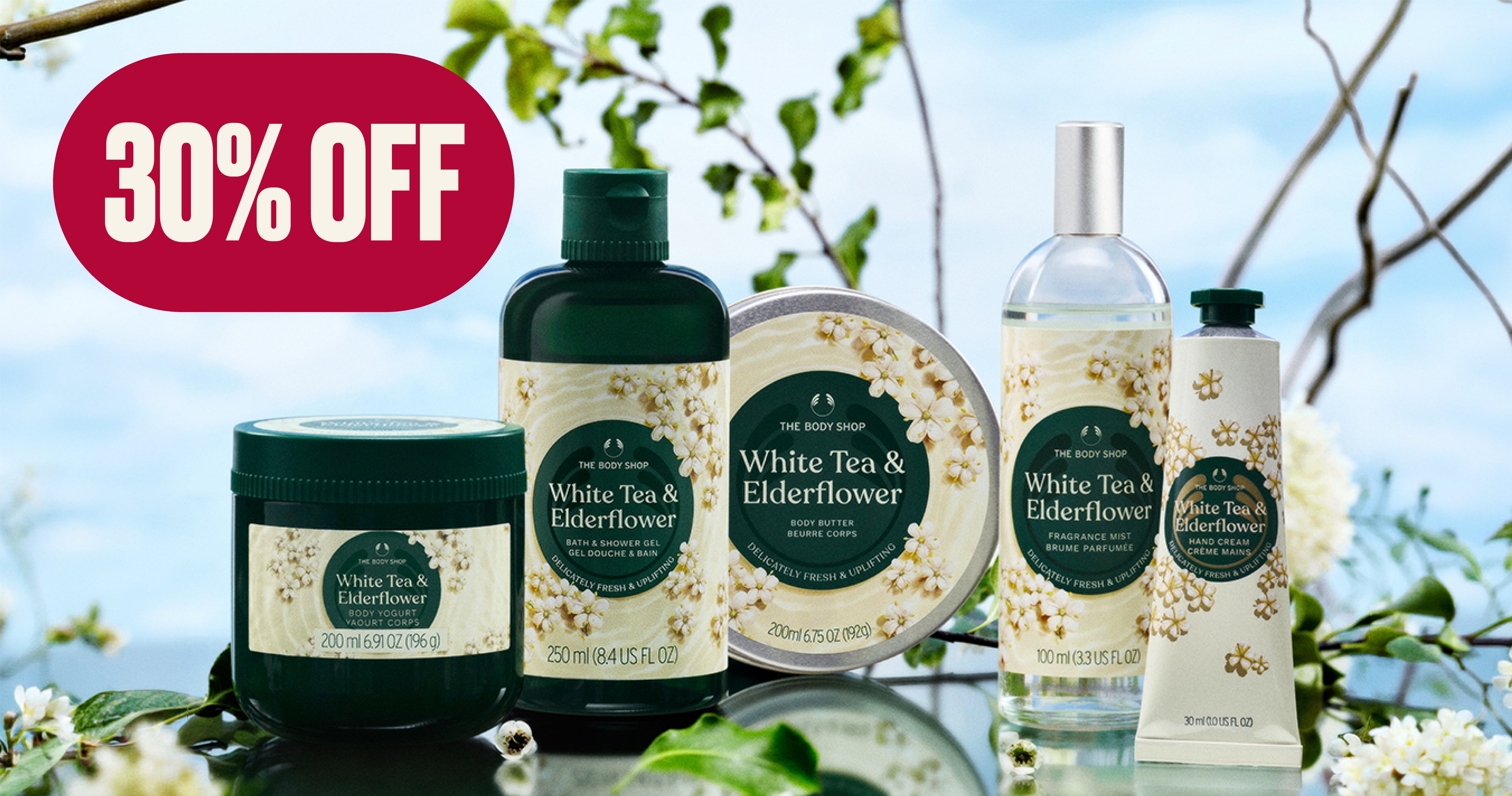 Cosmetic products with '30% OFF' label against a natural background