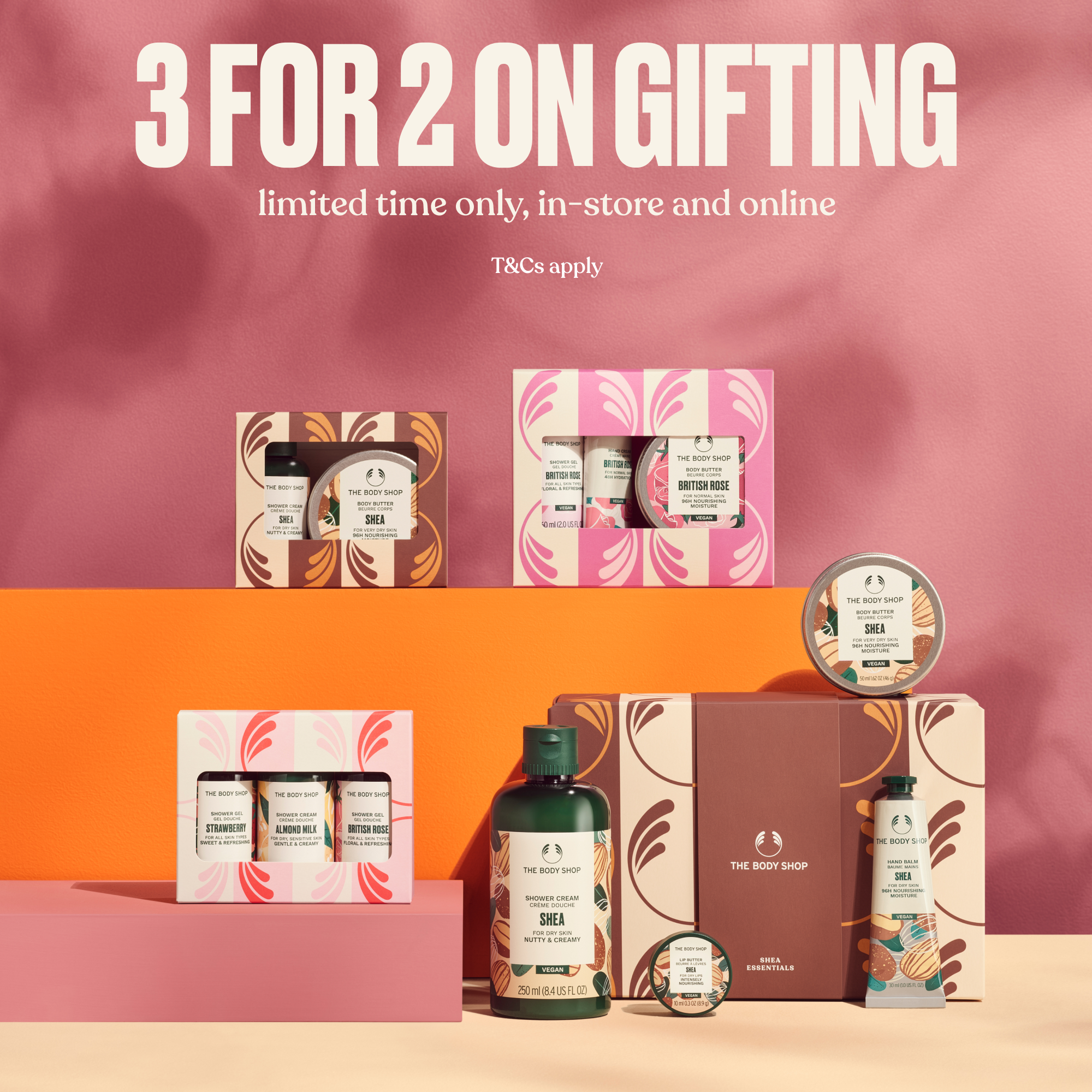 Promotional image of The Body Shop products with '3 for 2 on gifting' offer.