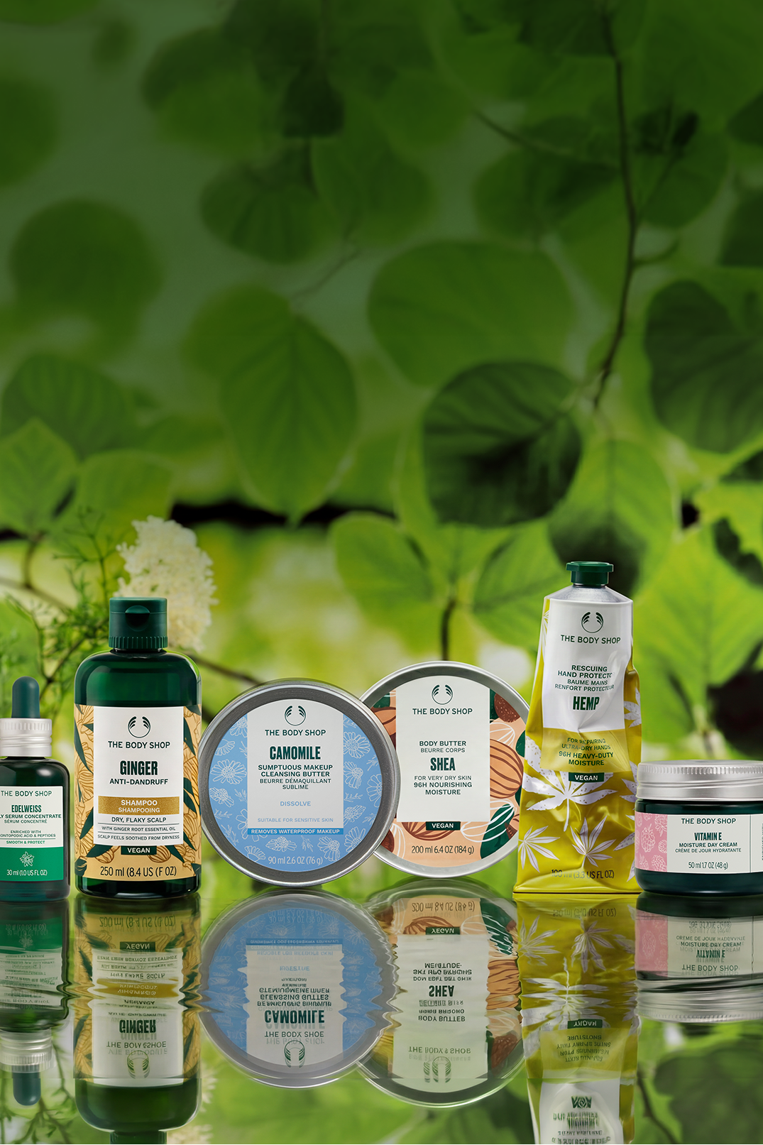Collection of skincare products with a natural green background