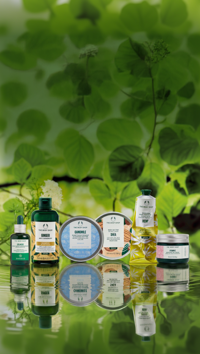 Collection of skincare products with green leaves in the background