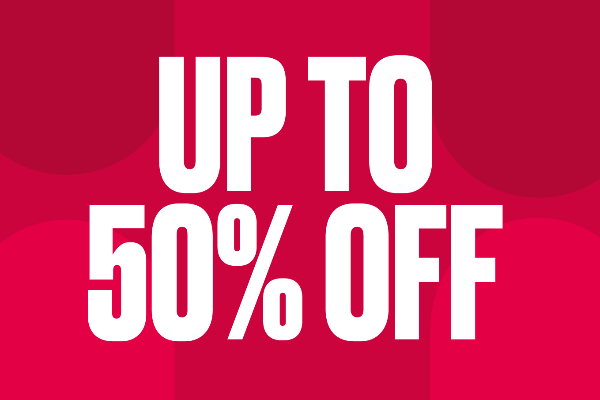 Promotional text 'Up to 50% Off' on a red background