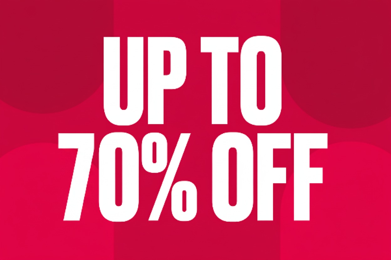 Promotional text 'Up to 50% Off' on a red background