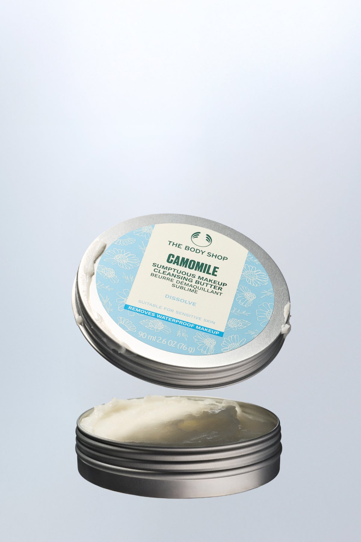 Makeup remover with a blue label on a light gray background