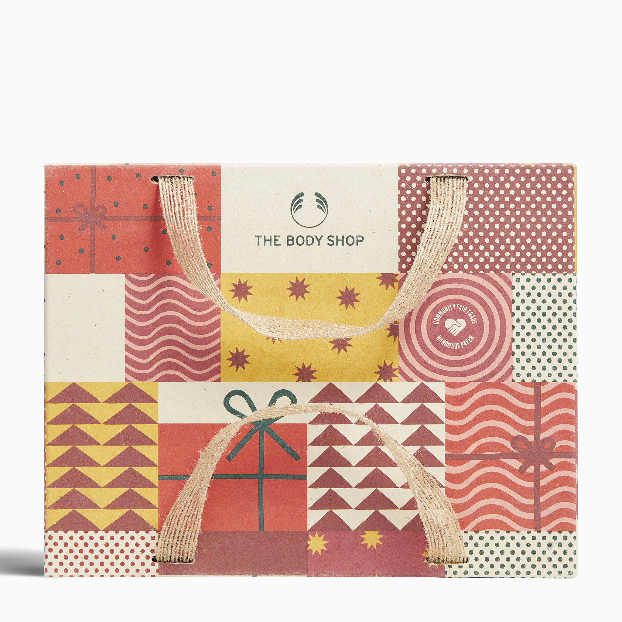 The Body Shop gift bag with geometric patterns and brand logo.