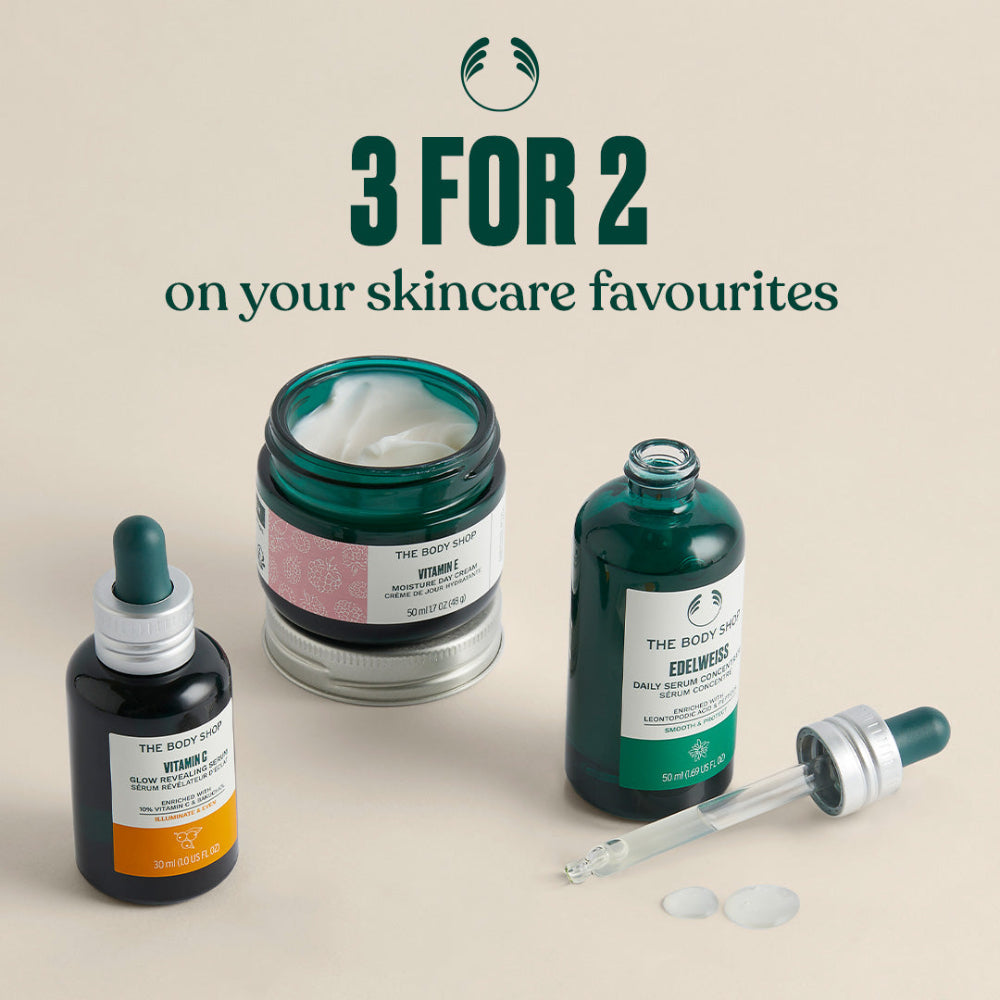 3 for 2 skincare promotion. '3 for 2, on your skincare favourites' - The Body Shop