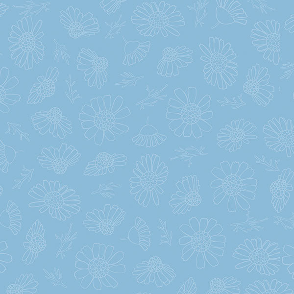 White floral outlines on a blue background